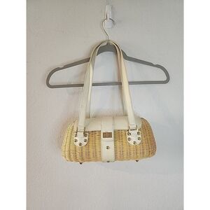 ETIENNE AIGNER Woven Wicker Basket Oblong Purse Handbag Leather Handles Straw